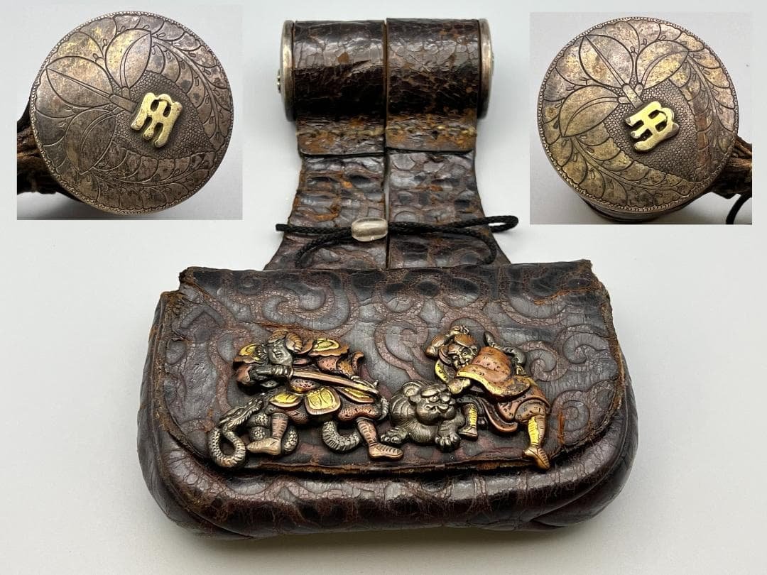 希少　早道　薬入　龍虎武士図　金銀象嵌　手彫　大金具　煙草　墨入れ　江戸明治期 江戸明治時代 生肖図 金銀象嵌 極上骨製手彫キセル入れ 大玉根〆 銀製
